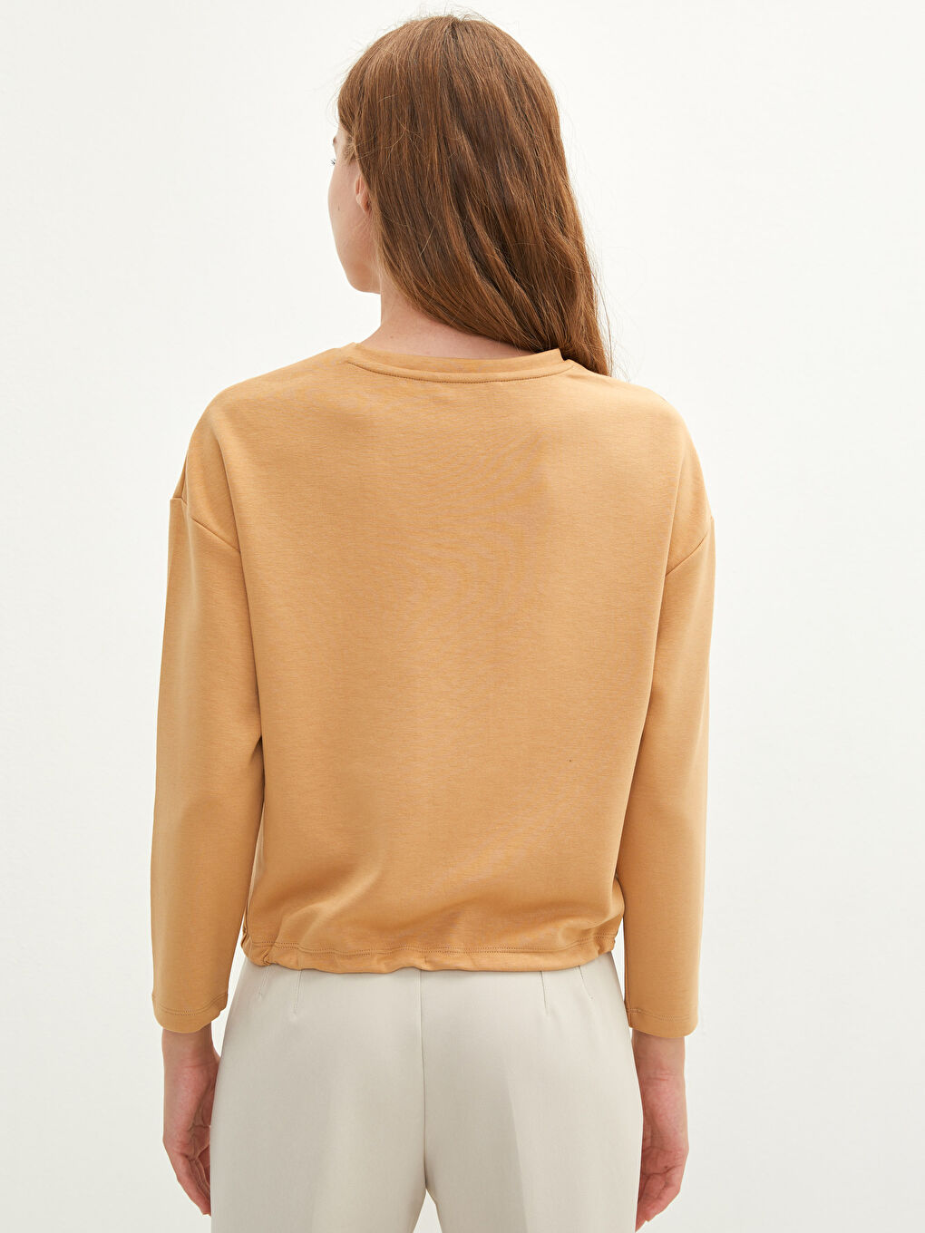 Bej Bisiklet Yaka Düz Uzun Kollu Kadın Tişört-4