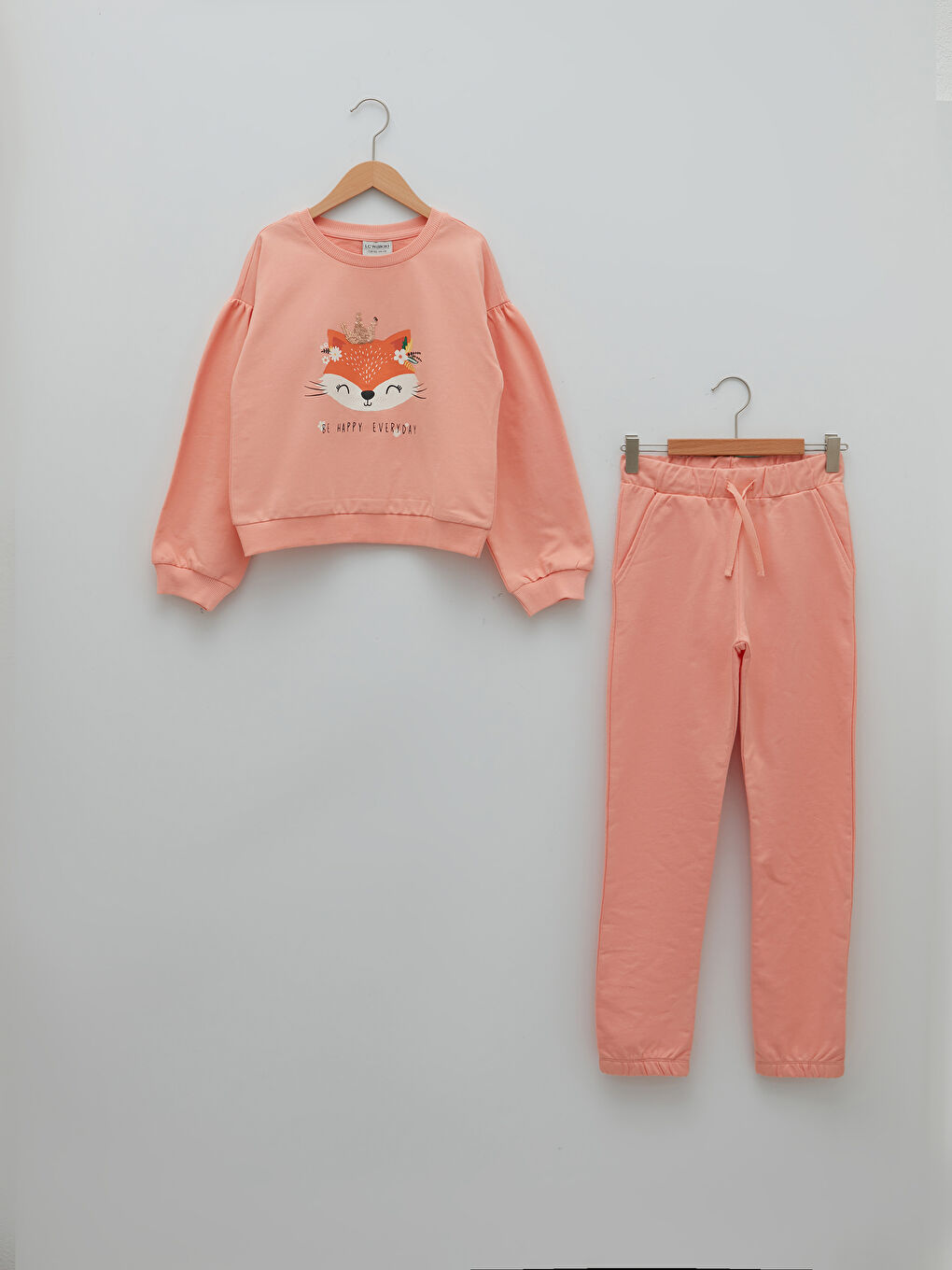 Mercan Bisiklet Yaka Baskılı Uzun Kollu Oversize Kız Çocuk Sweatshirt ve Eşofman Altı-1