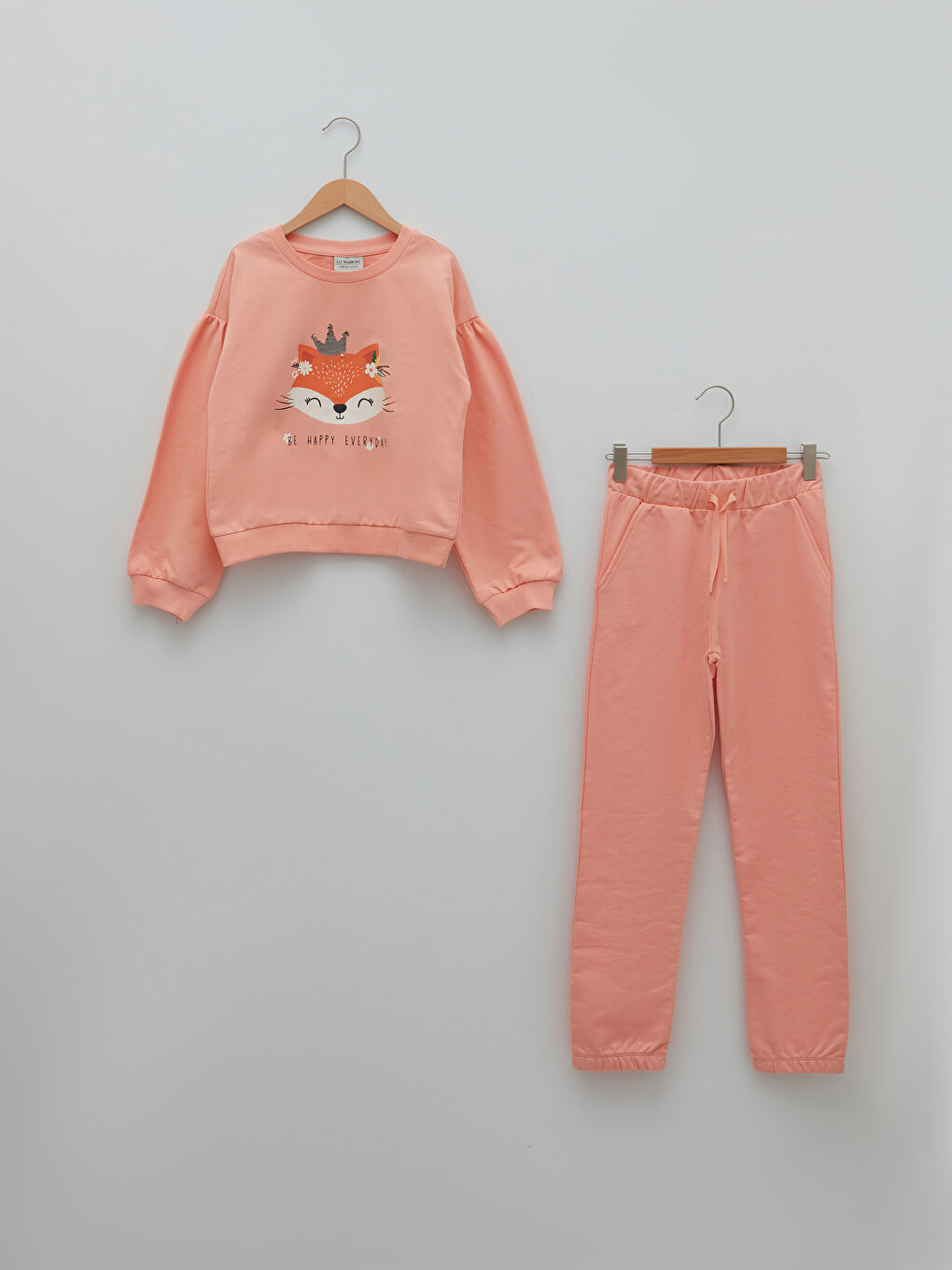 Mercan Bisiklet Yaka Baskılı Uzun Kollu Oversize Kız Çocuk Sweatshirt ve Eşofman Altı-2