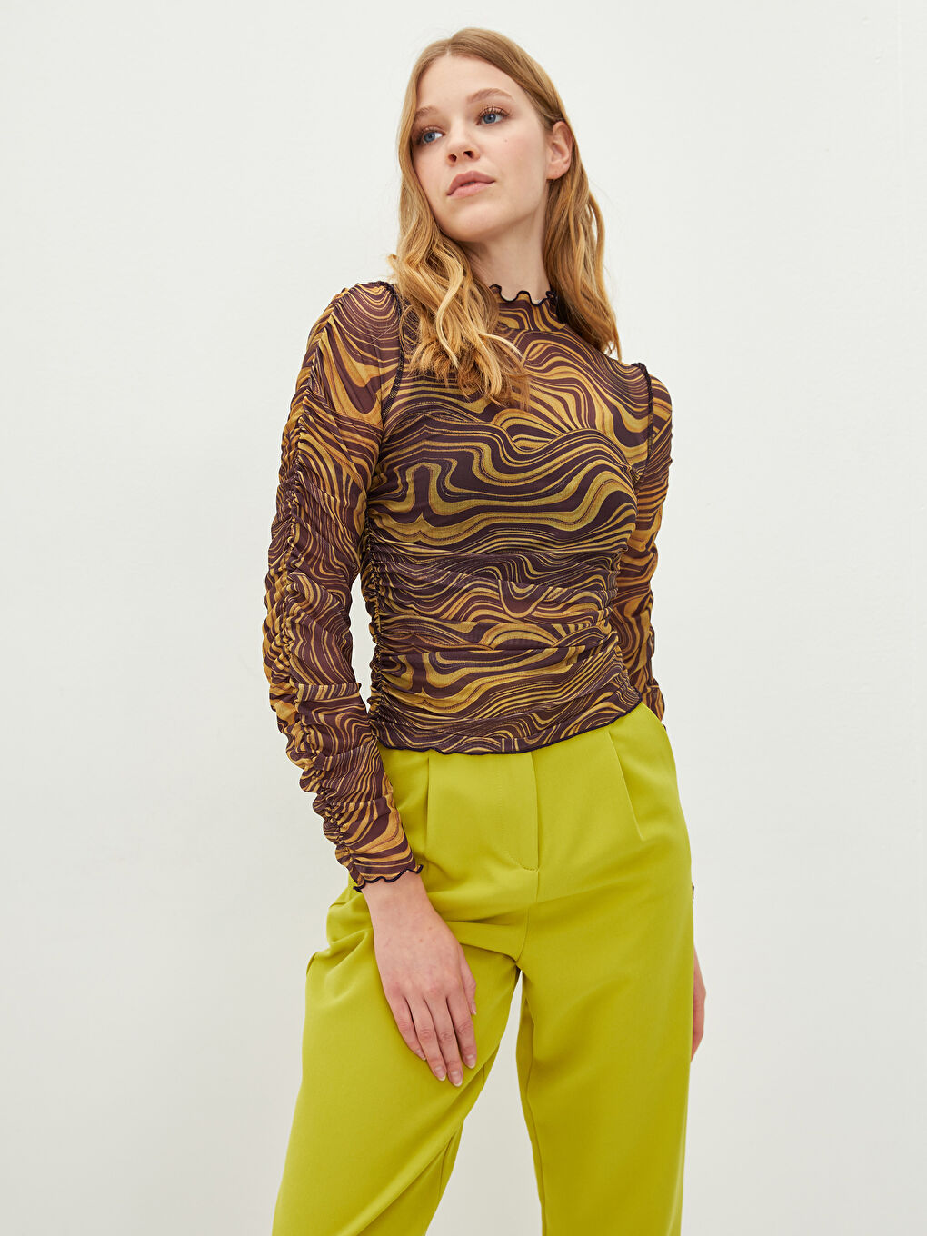 Ruffled Standing Collar Patterned Long Sleeve Women's Tulle Blouse-1