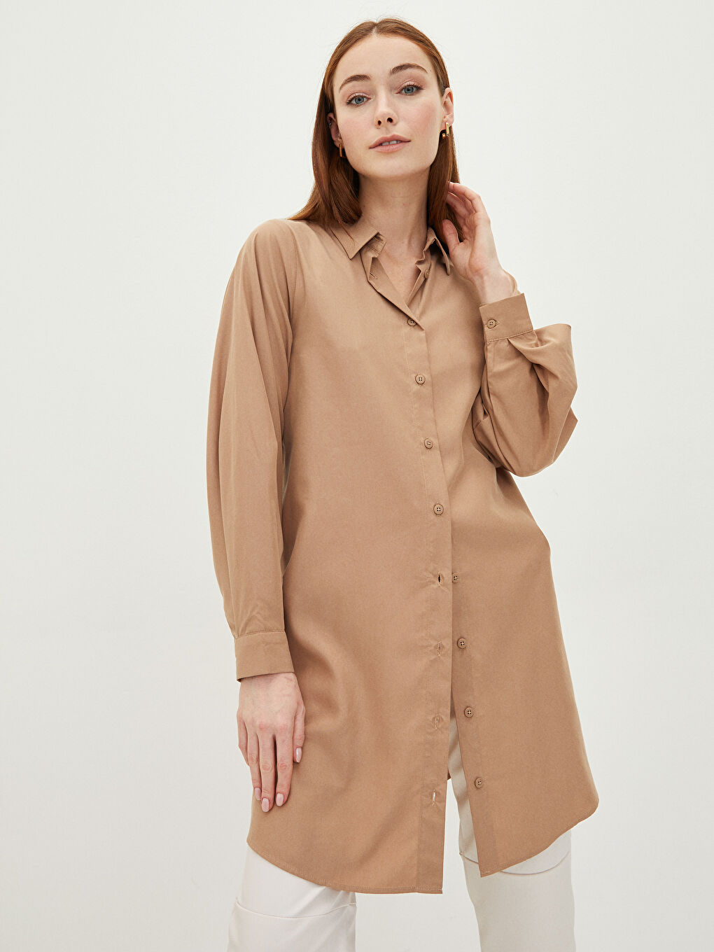 Kahverengi Düz Poplin Kadın Gömlek Tunik-1