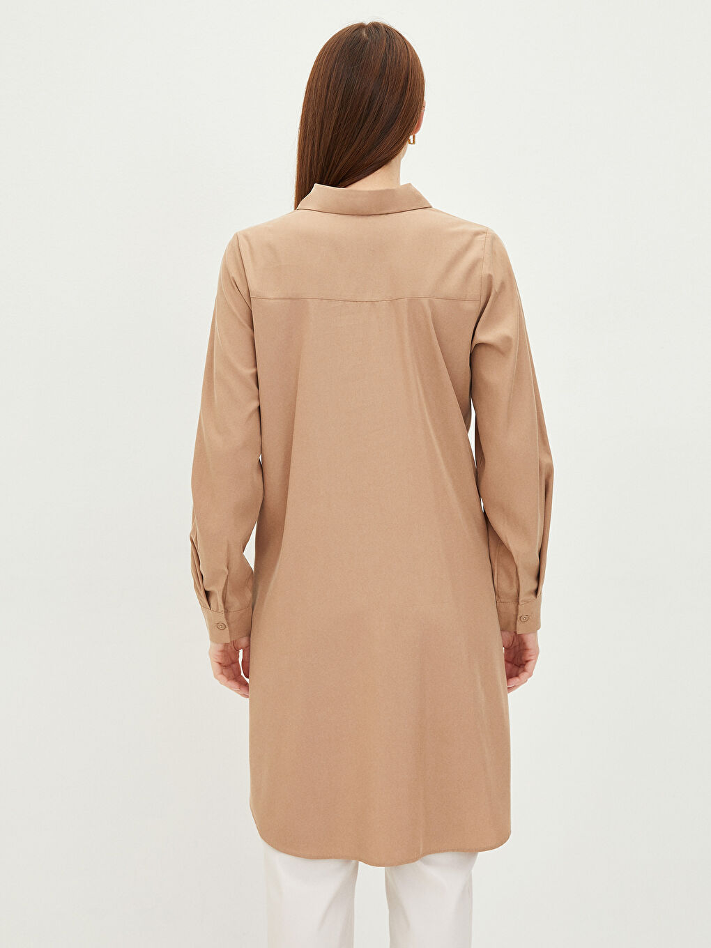 Kahverengi Düz Poplin Kadın Gömlek Tunik-4