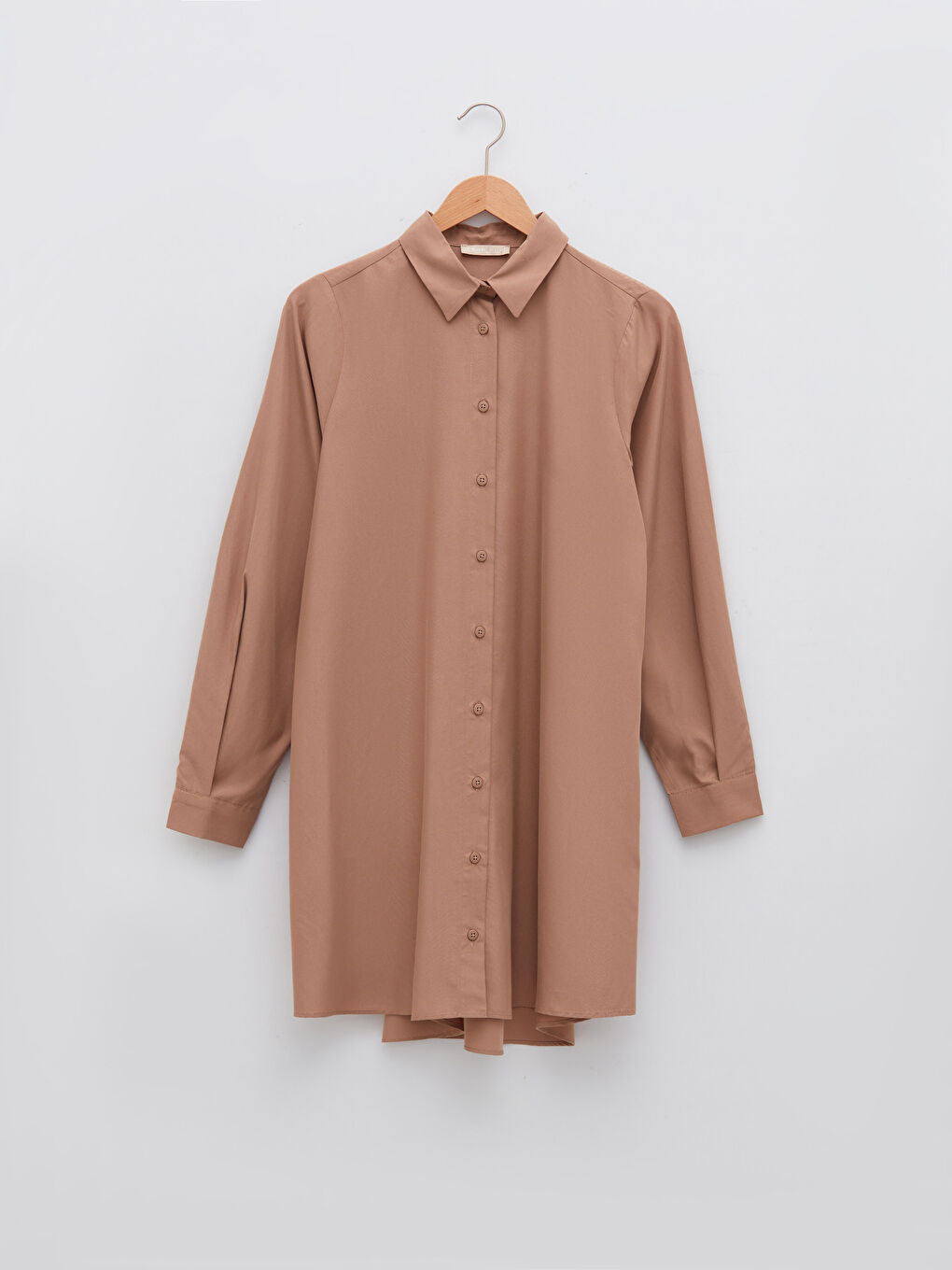 Kahverengi Düz Poplin Kadın Gömlek Tunik-5