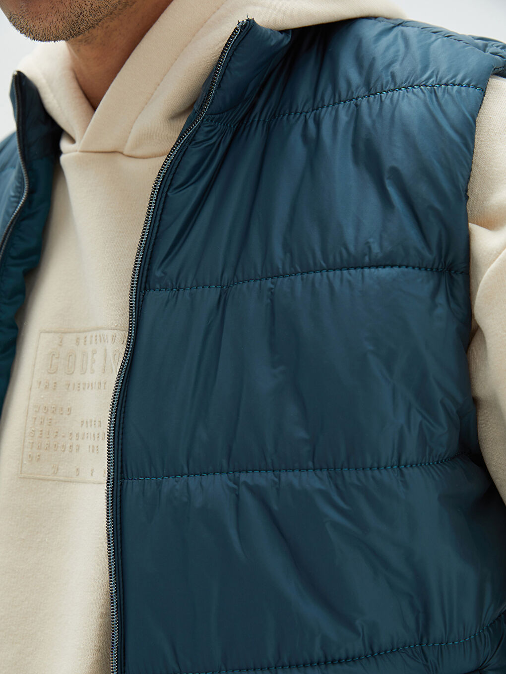 Petrol Slim Fit Dik Yaka Erkek Şişme Yelek-3