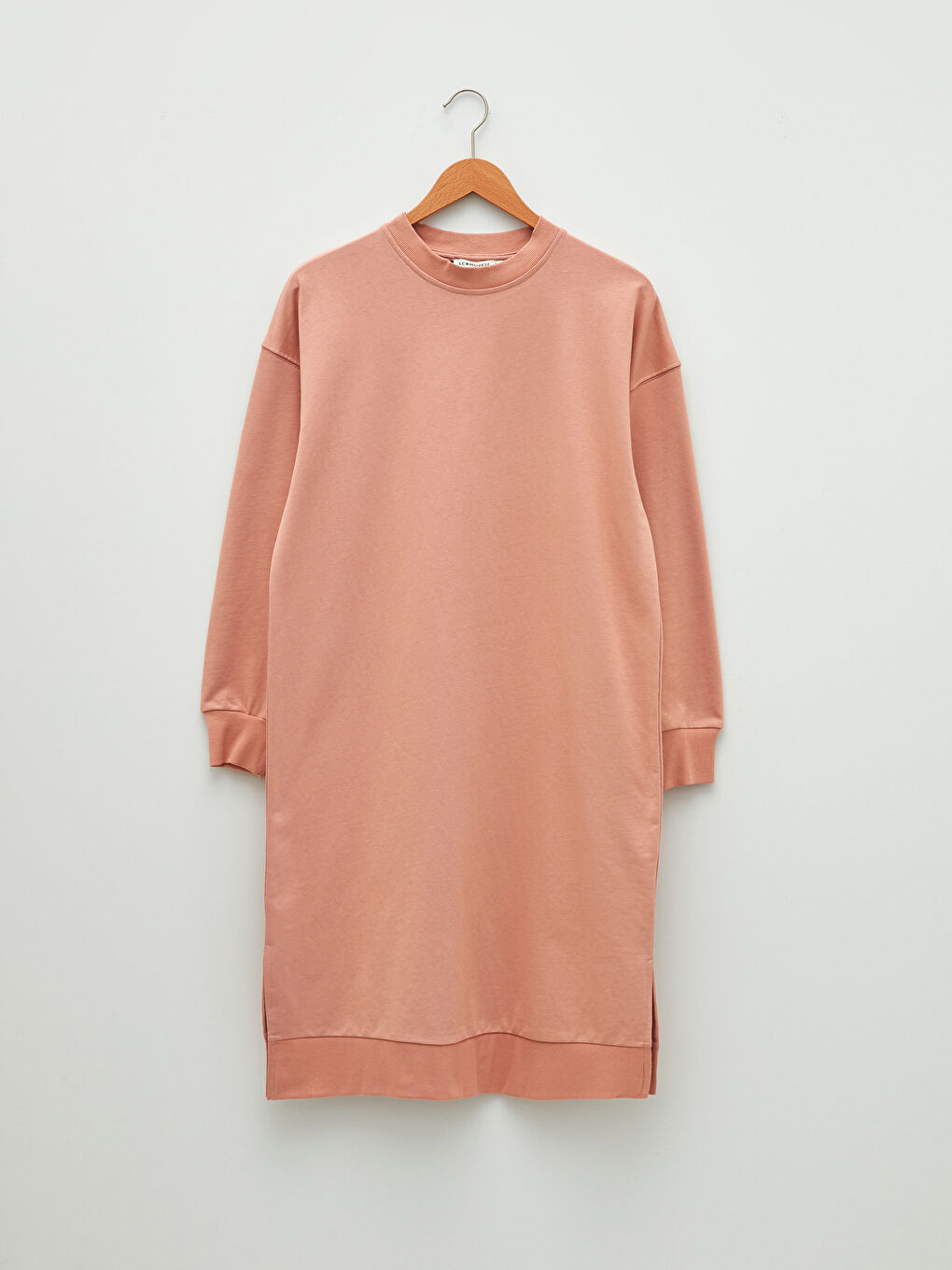 Pembe Bisiklet Yaka Düz Uzun Kollu Kadın Sweatshirt Tunik-5