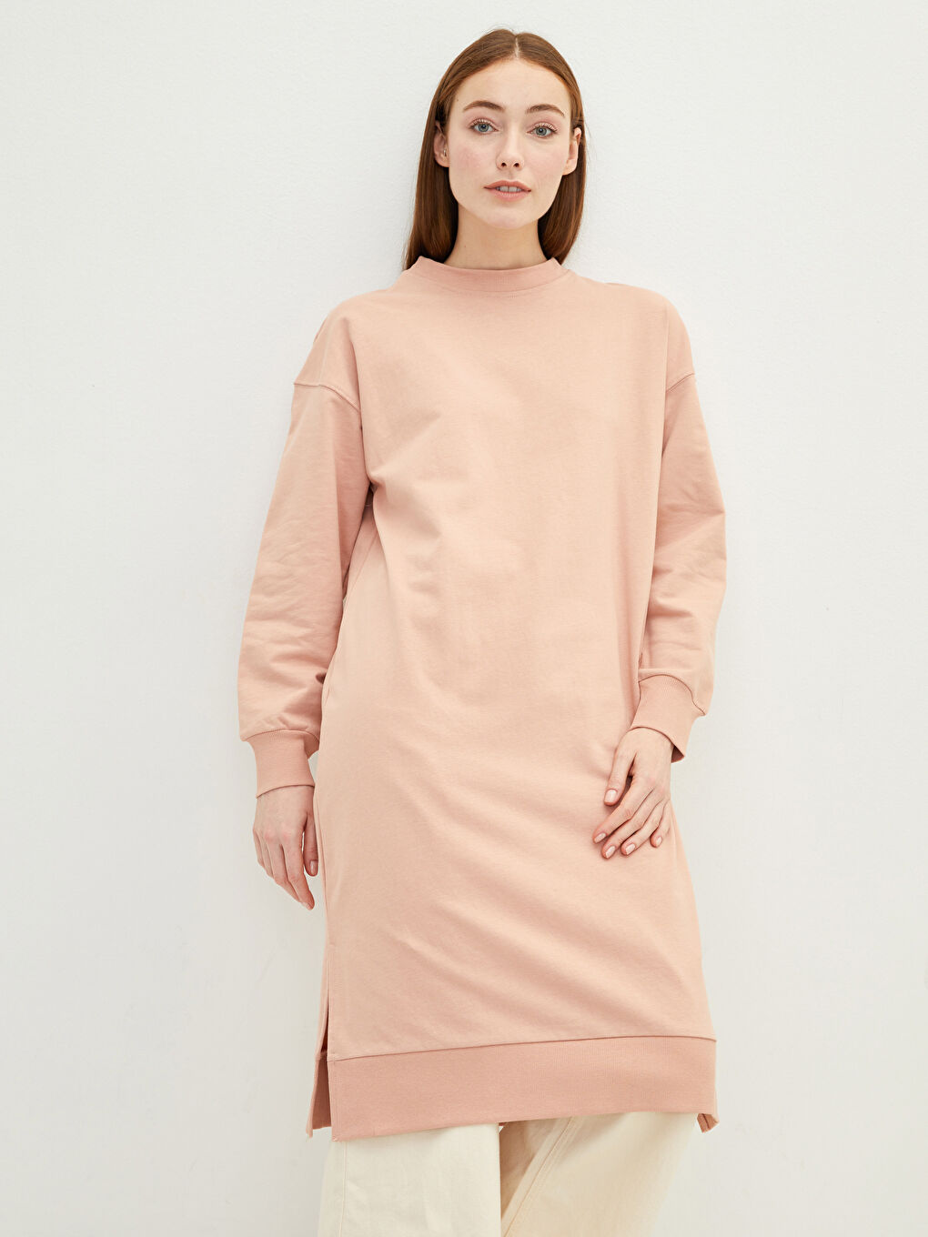 Pembe Bisiklet Yaka Düz Uzun Kollu Kadın Sweatshirt Tunik