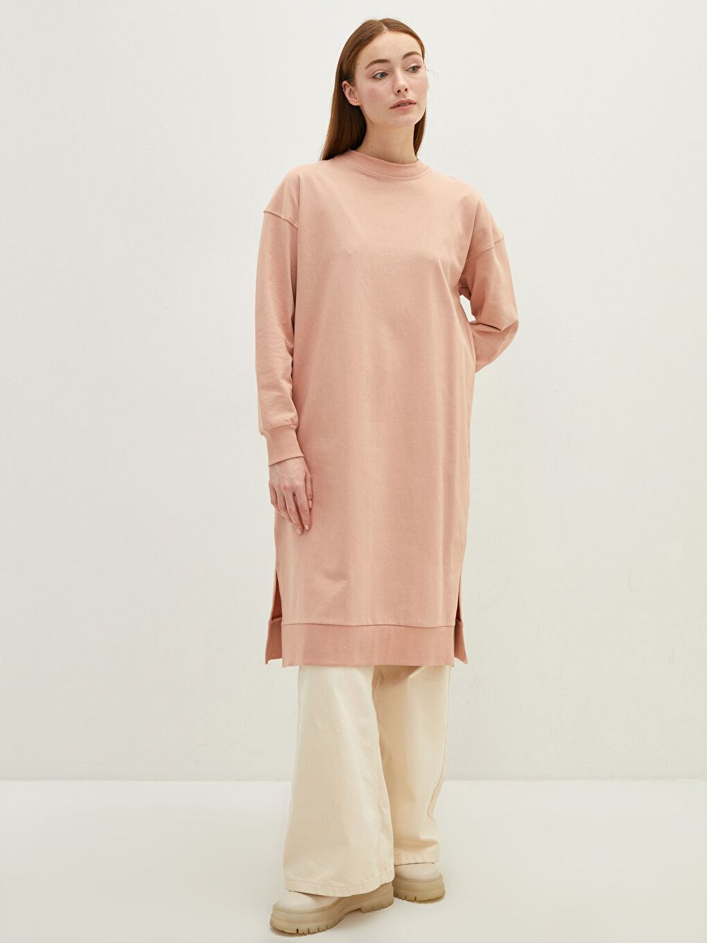 Pembe Bisiklet Yaka Düz Uzun Kollu Kadın Sweatshirt Tunik-1