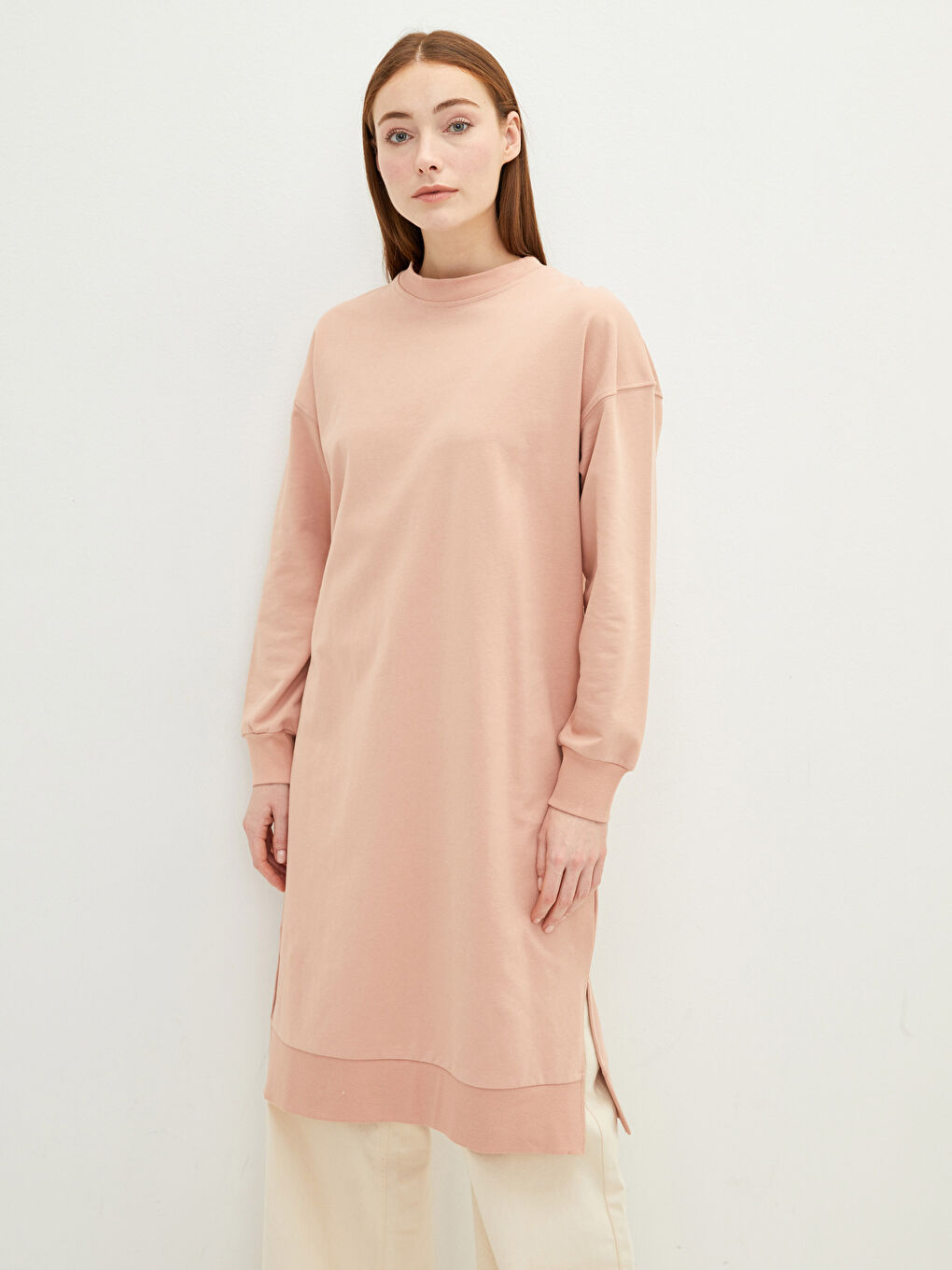 Pembe Bisiklet Yaka Düz Uzun Kollu Kadın Sweatshirt Tunik-2