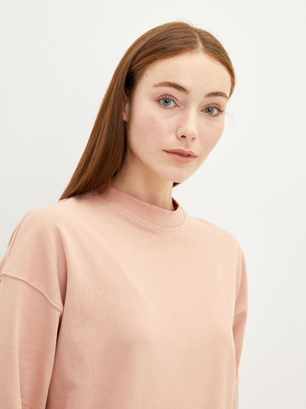 Pembe Bisiklet Yaka Düz Uzun Kollu Kadın Sweatshirt Tunik-3