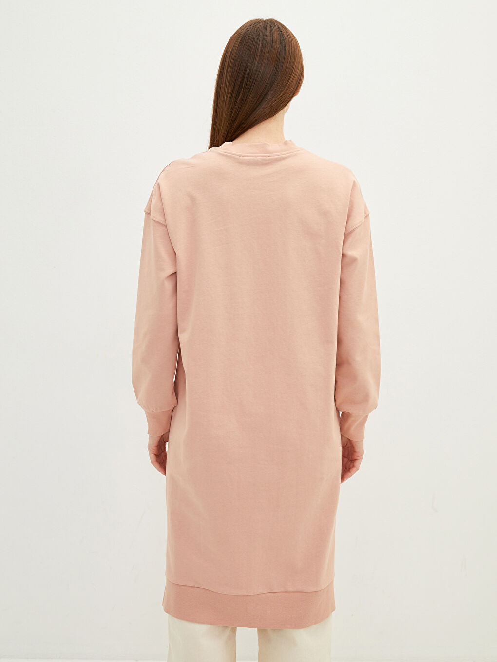 Pembe Bisiklet Yaka Düz Uzun Kollu Kadın Sweatshirt Tunik-4