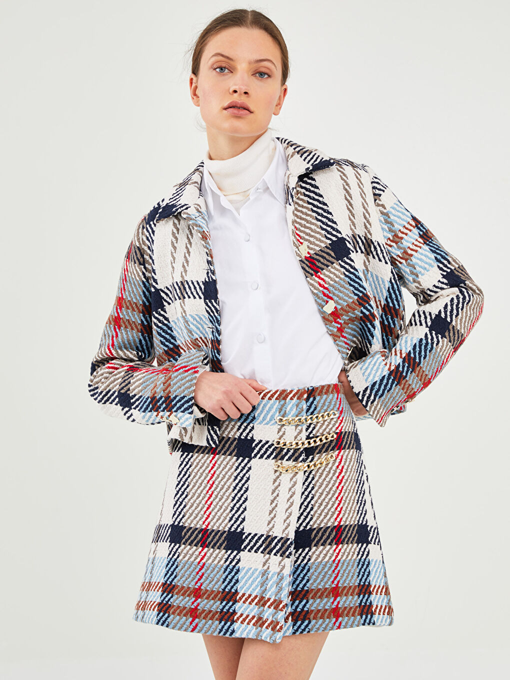 Ekru Standart Fit Ekose Kadın Etek-3