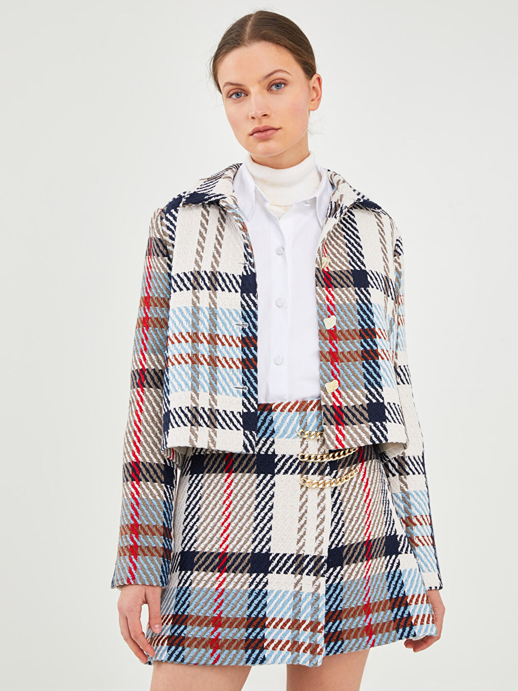 Ekru Standart Fit Ekose Kadın Etek-4