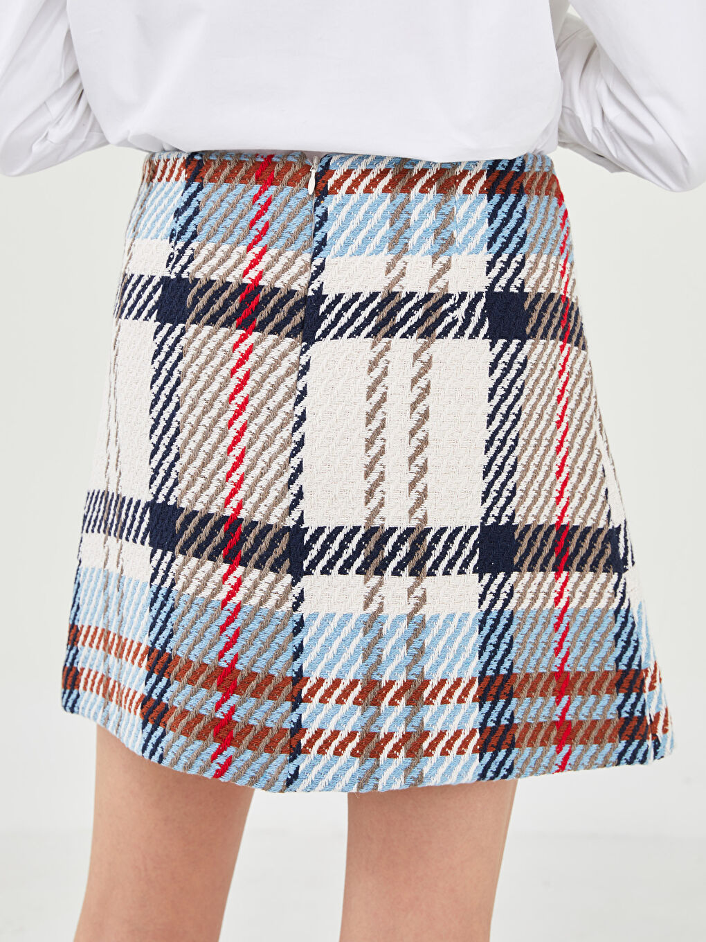 Ekru Standart Fit Ekose Kadın Etek-6