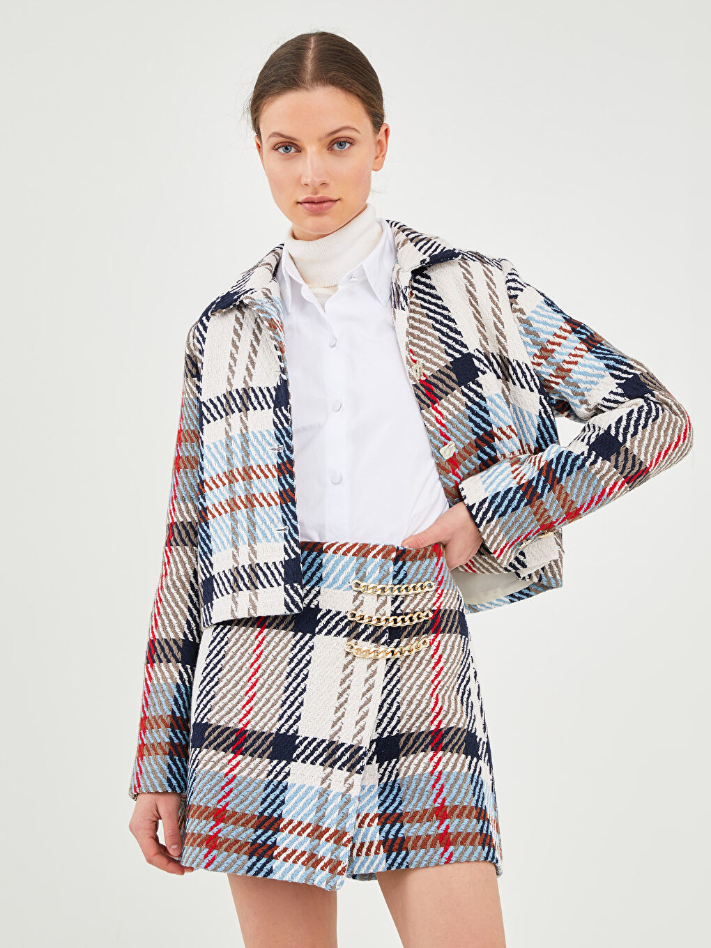 Ekru Standart Fit Ekose Kadın Etek-1