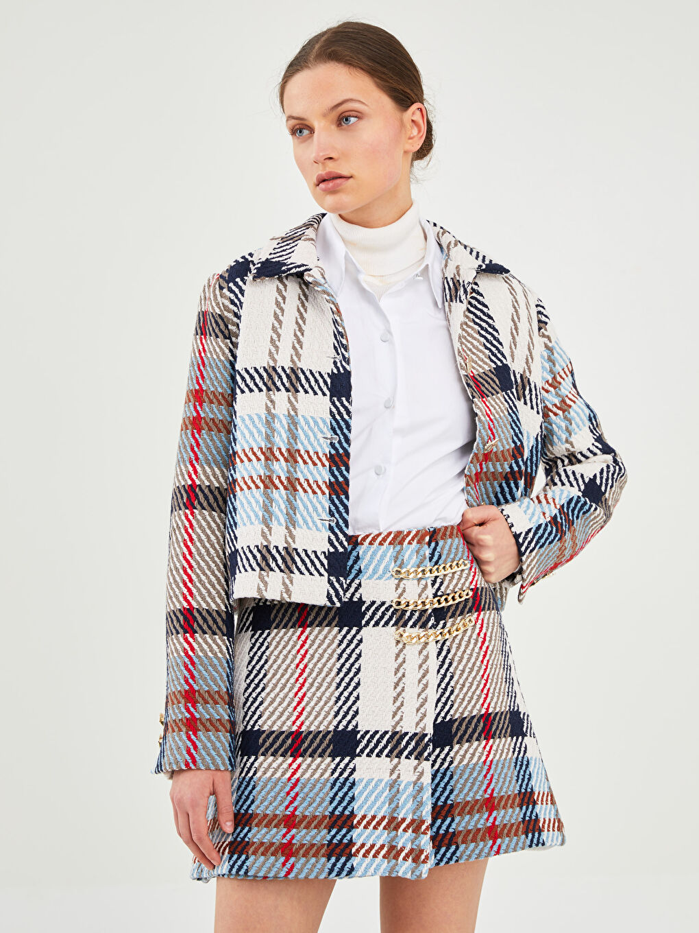 Ekru Standart Fit Ekose Kadın Etek-2