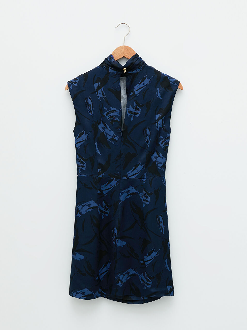 Lacivert Dik Yaka Desenli Kadın Saten Elbise-10