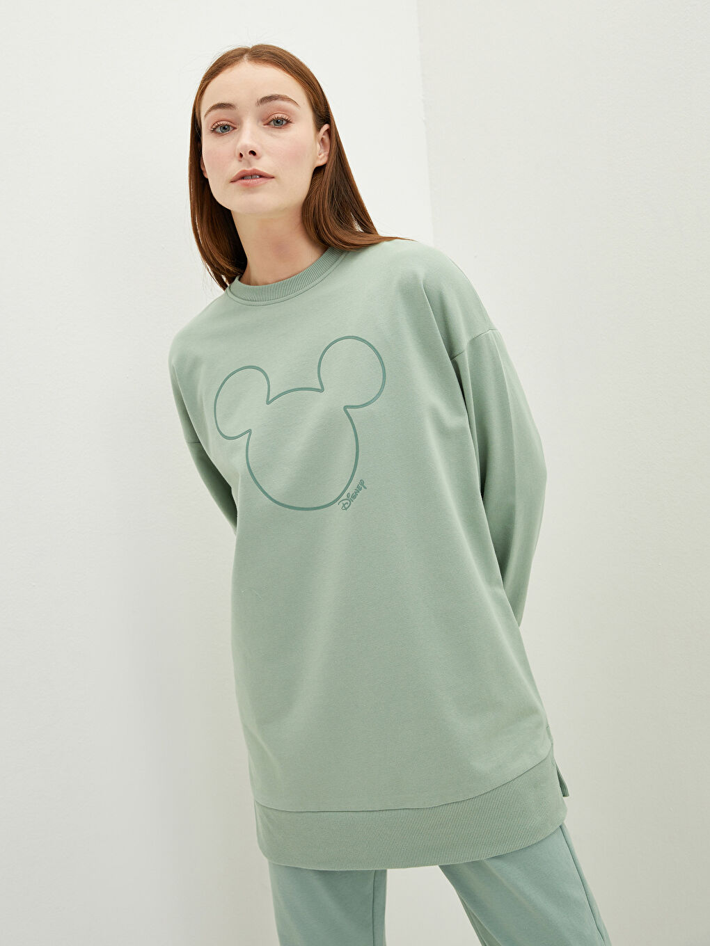 Yeşil Bisiklet Yaka Mickey Mouse Baskılı Kadın Sweatshirt Tunik