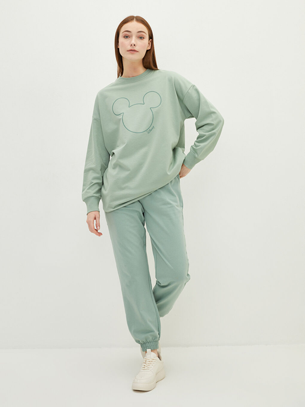 Yeşil Bisiklet Yaka Mickey Mouse Baskılı Kadın Sweatshirt Tunik-1