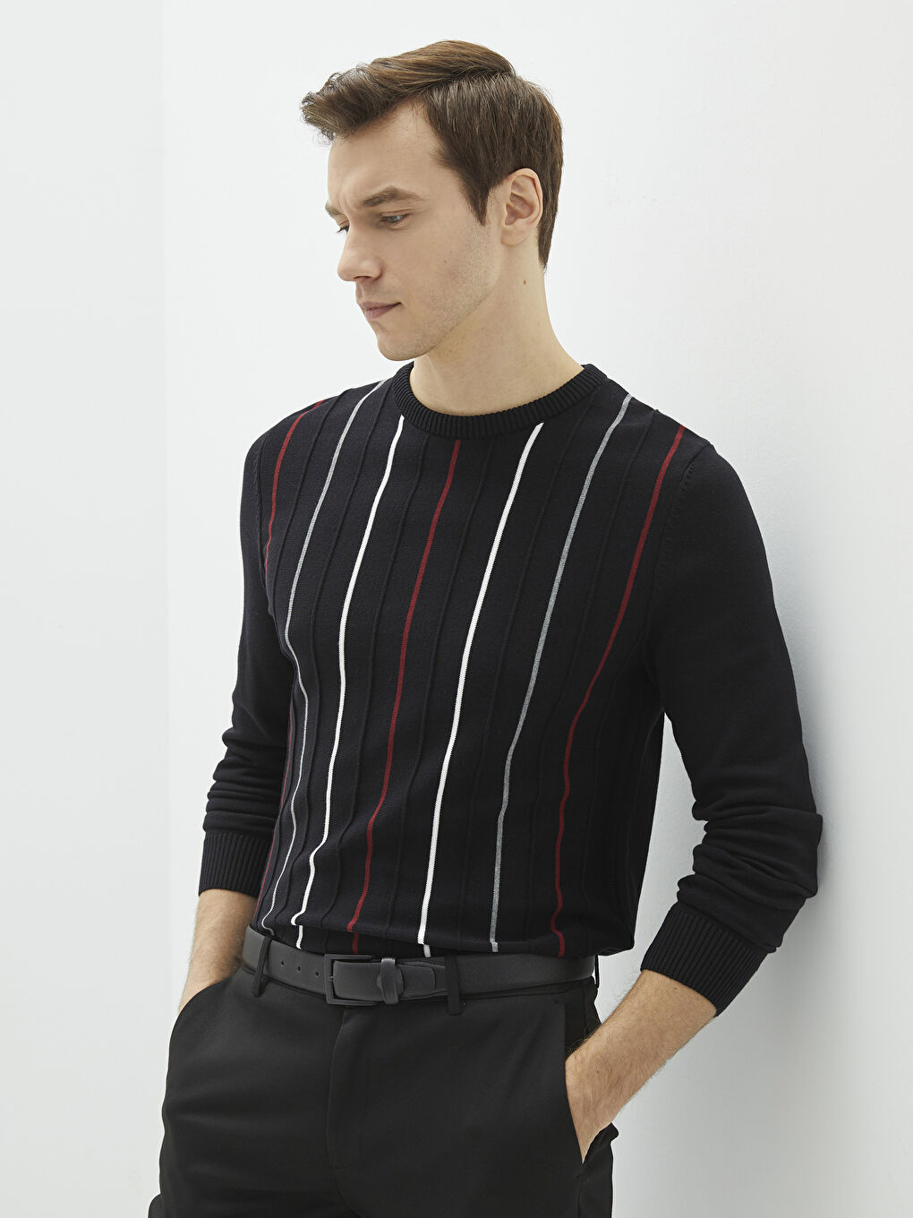 Siyah Bisiklet Yaka Uzun Kollu Çizgili Erkek Triko Kazak-1