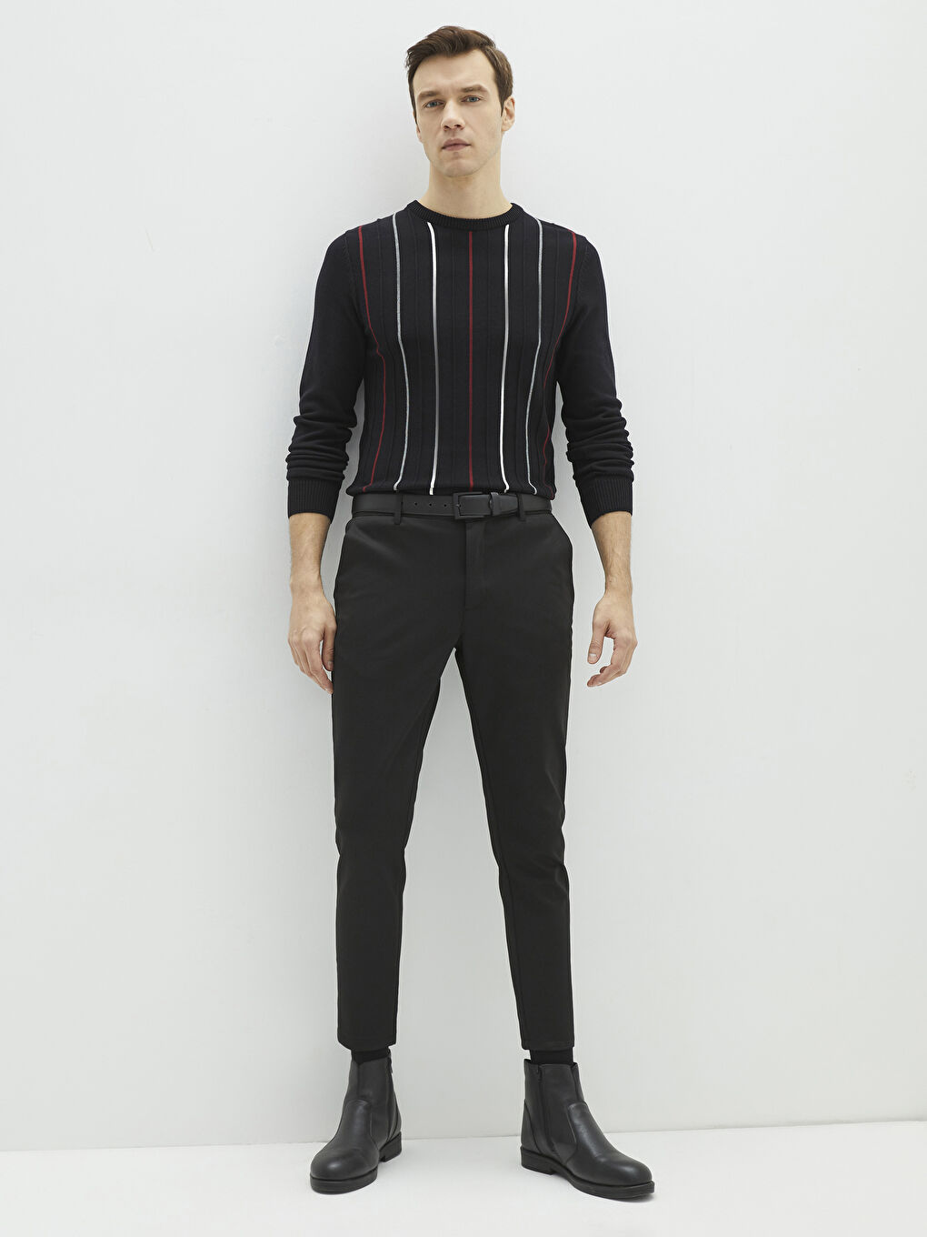 Siyah Bisiklet Yaka Uzun Kollu Çizgili Erkek Triko Kazak-2