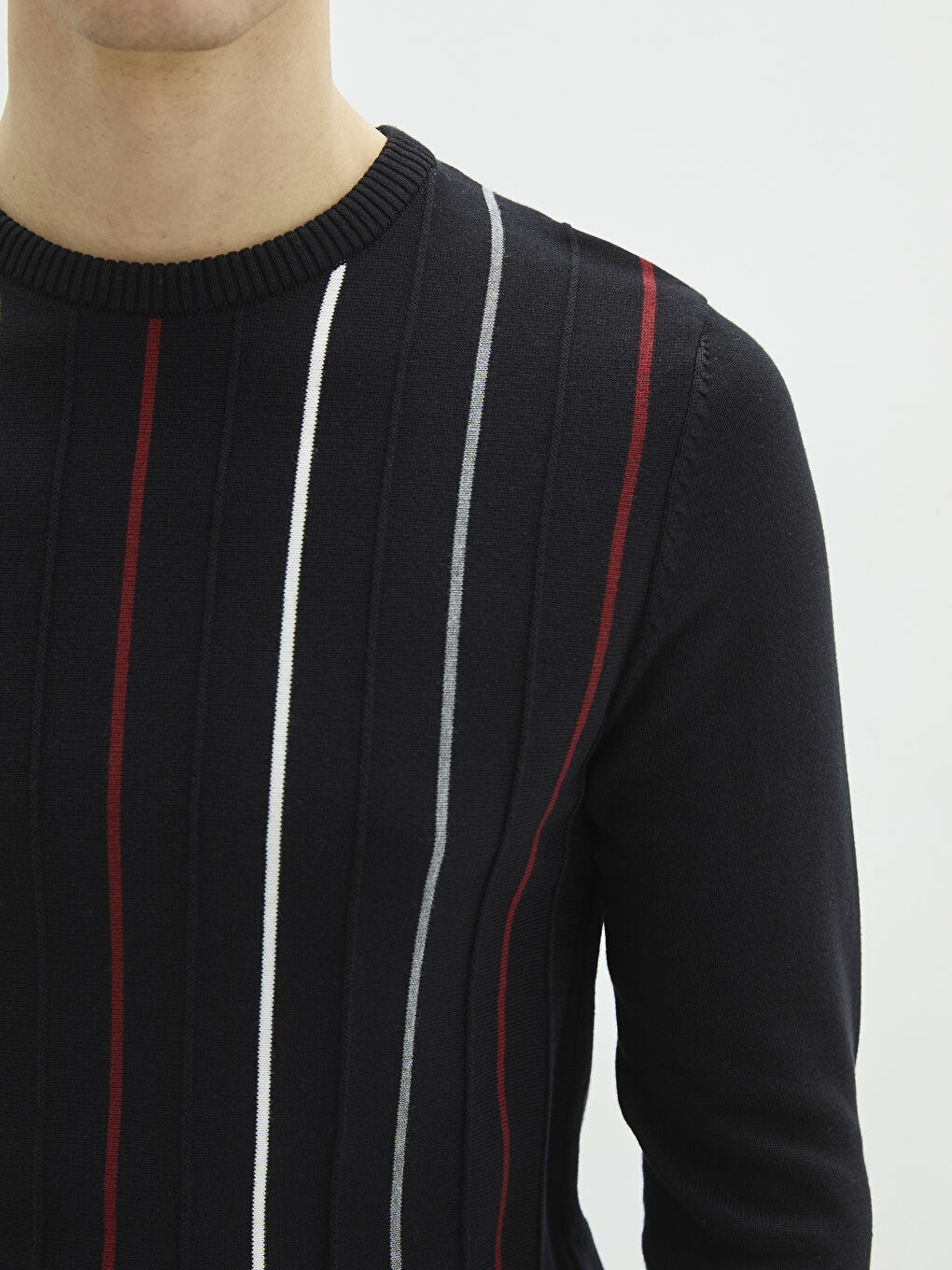 Siyah Bisiklet Yaka Uzun Kollu Çizgili Erkek Triko Kazak-3