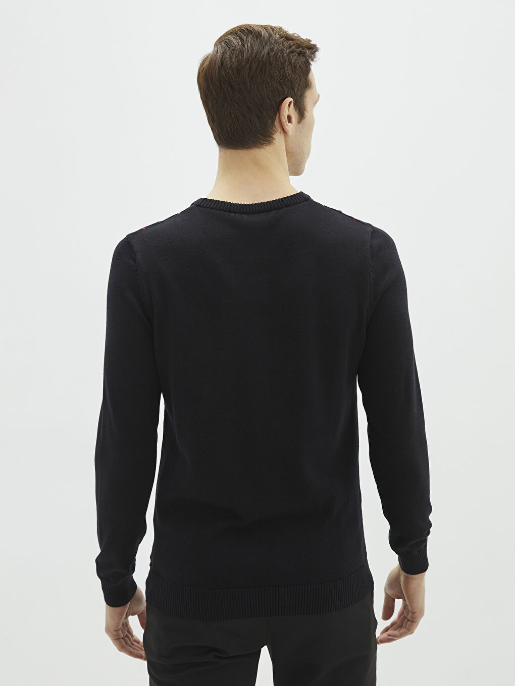 Siyah Bisiklet Yaka Uzun Kollu Çizgili Erkek Triko Kazak-4