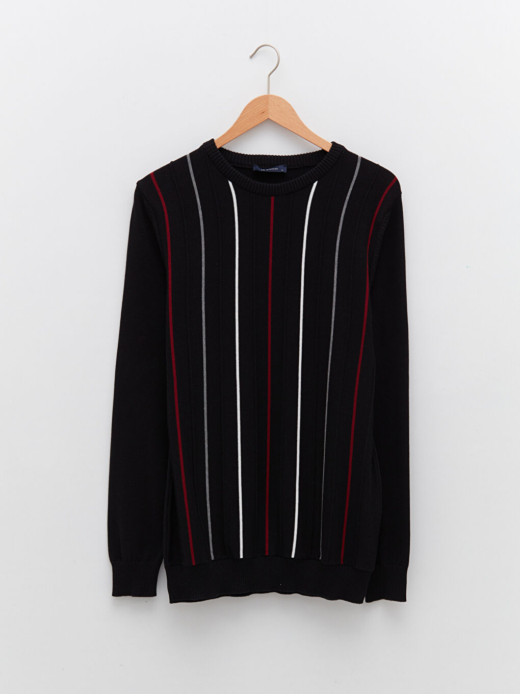 Siyah Bisiklet Yaka Uzun Kollu Çizgili Erkek Triko Kazak-5