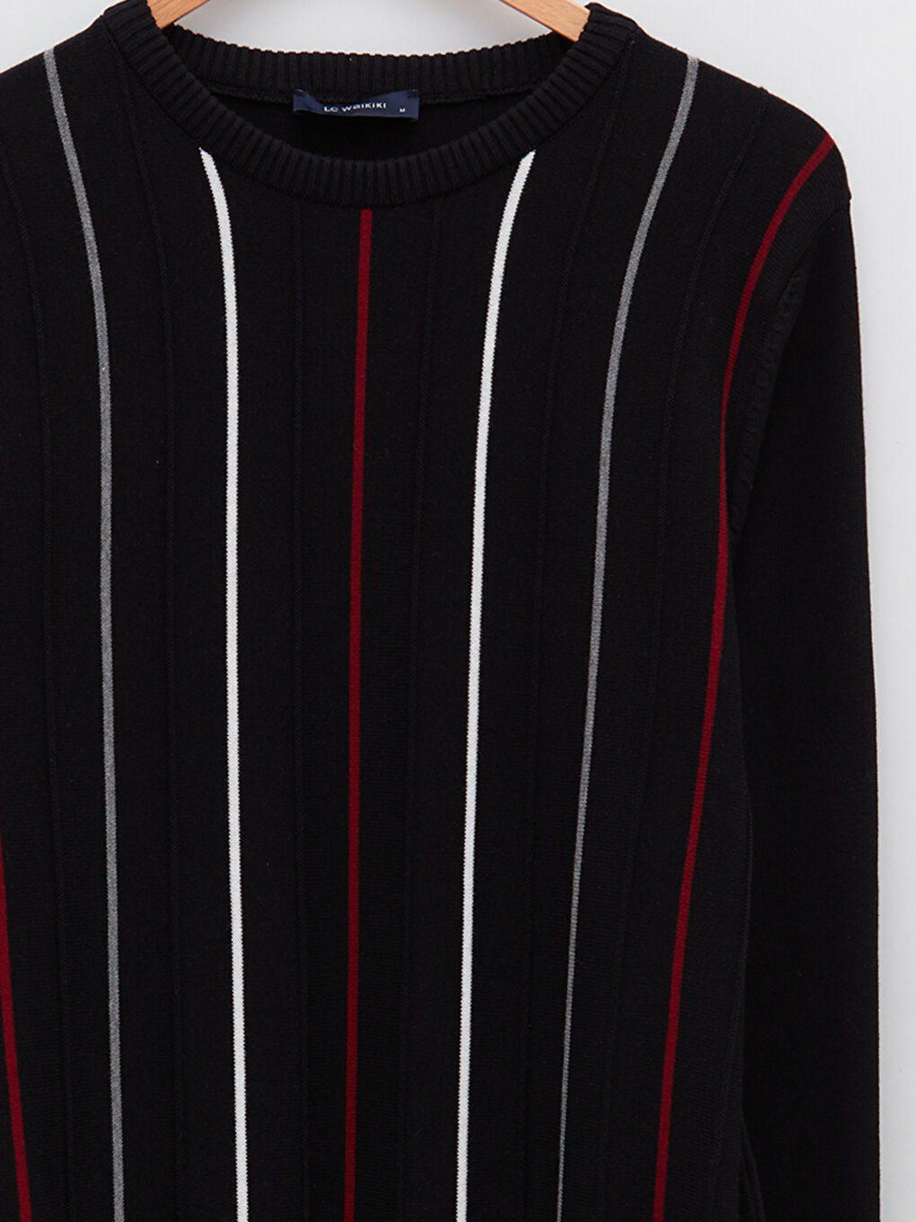 Siyah Bisiklet Yaka Uzun Kollu Çizgili Erkek Triko Kazak-7