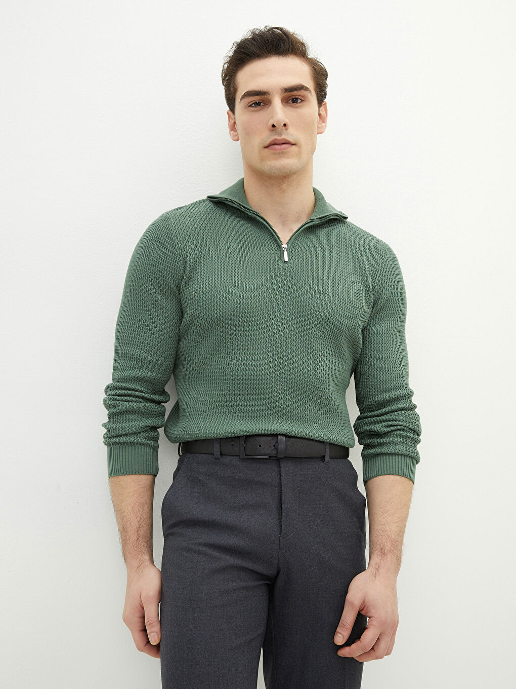 Funnel Neck Long Sleeve Men's Knitwear Sweater-1