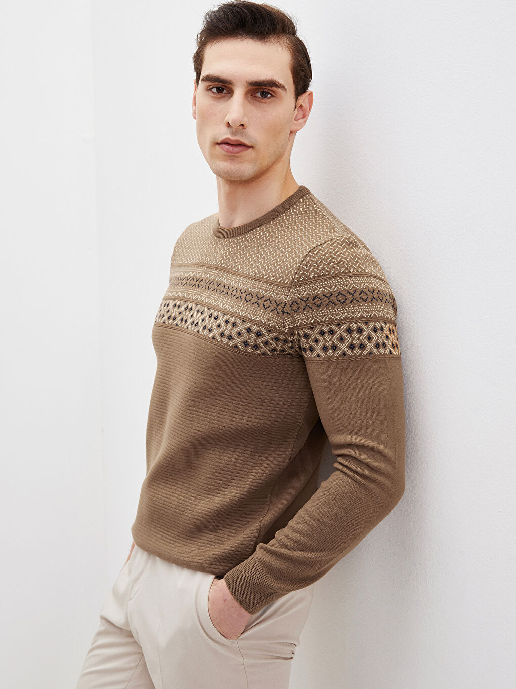 Crew Neck Long Sleeve Patterned Men's Knitwear Sweater