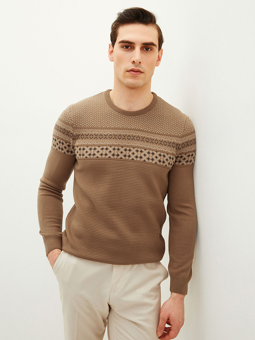 Crew Neck Long Sleeve Patterned Men's Knitwear Sweater-1