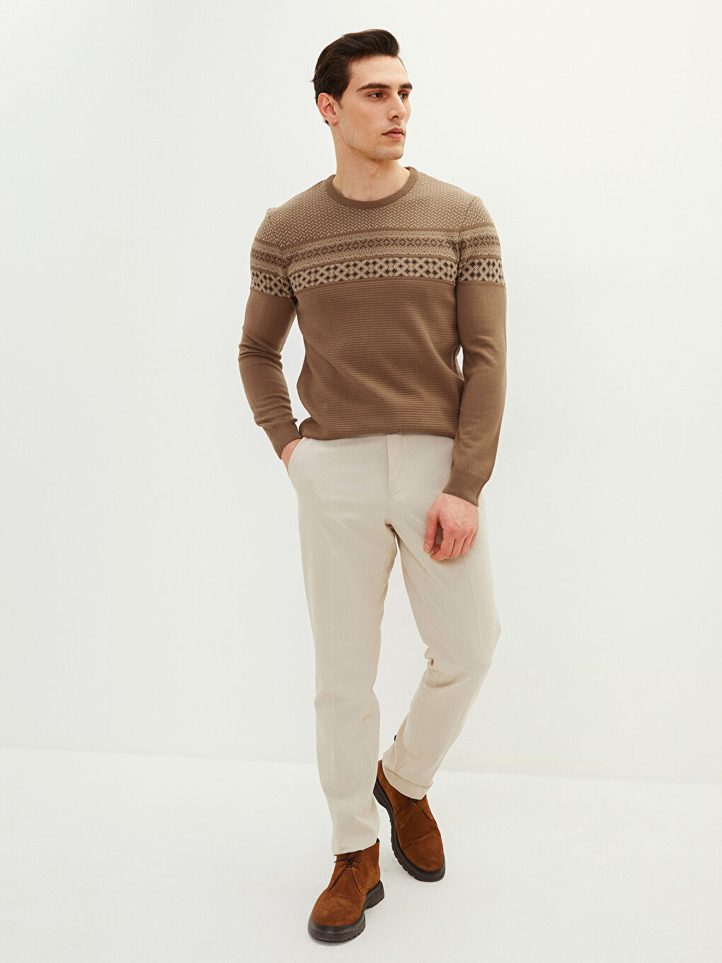 Crew Neck Long Sleeve Patterned Men's Knitwear Sweater-2