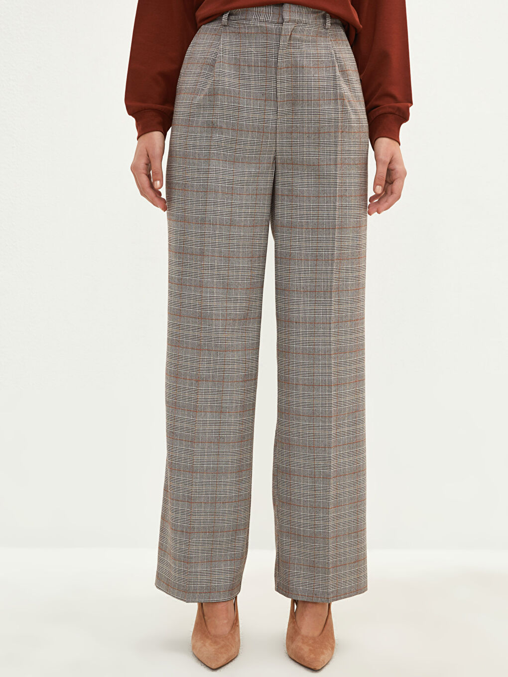 Bej Rahat Kalıp Ekose Geniş Paça Kadın Pantolon-2