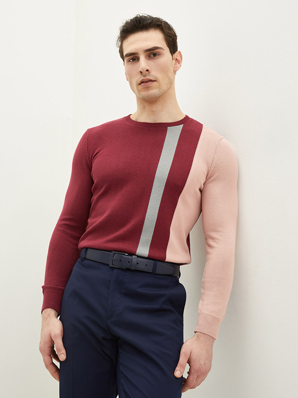 Пуловер с кръгло деколте, дълъг ръкав, цветен блок, за мъже, трикотаж-1