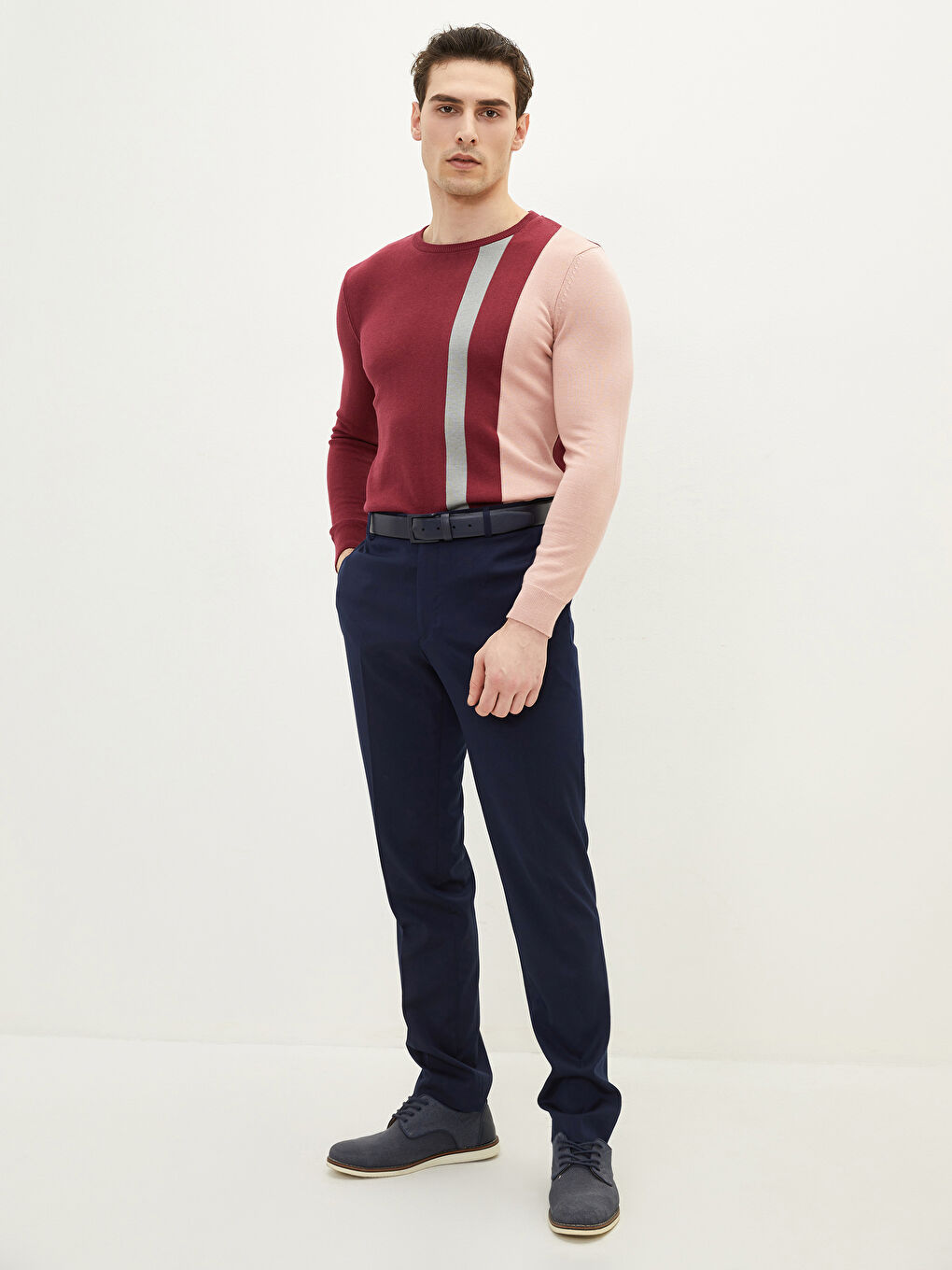 Пуловер с кръгло деколте, дълъг ръкав, цветен блок, за мъже, трикотаж-2