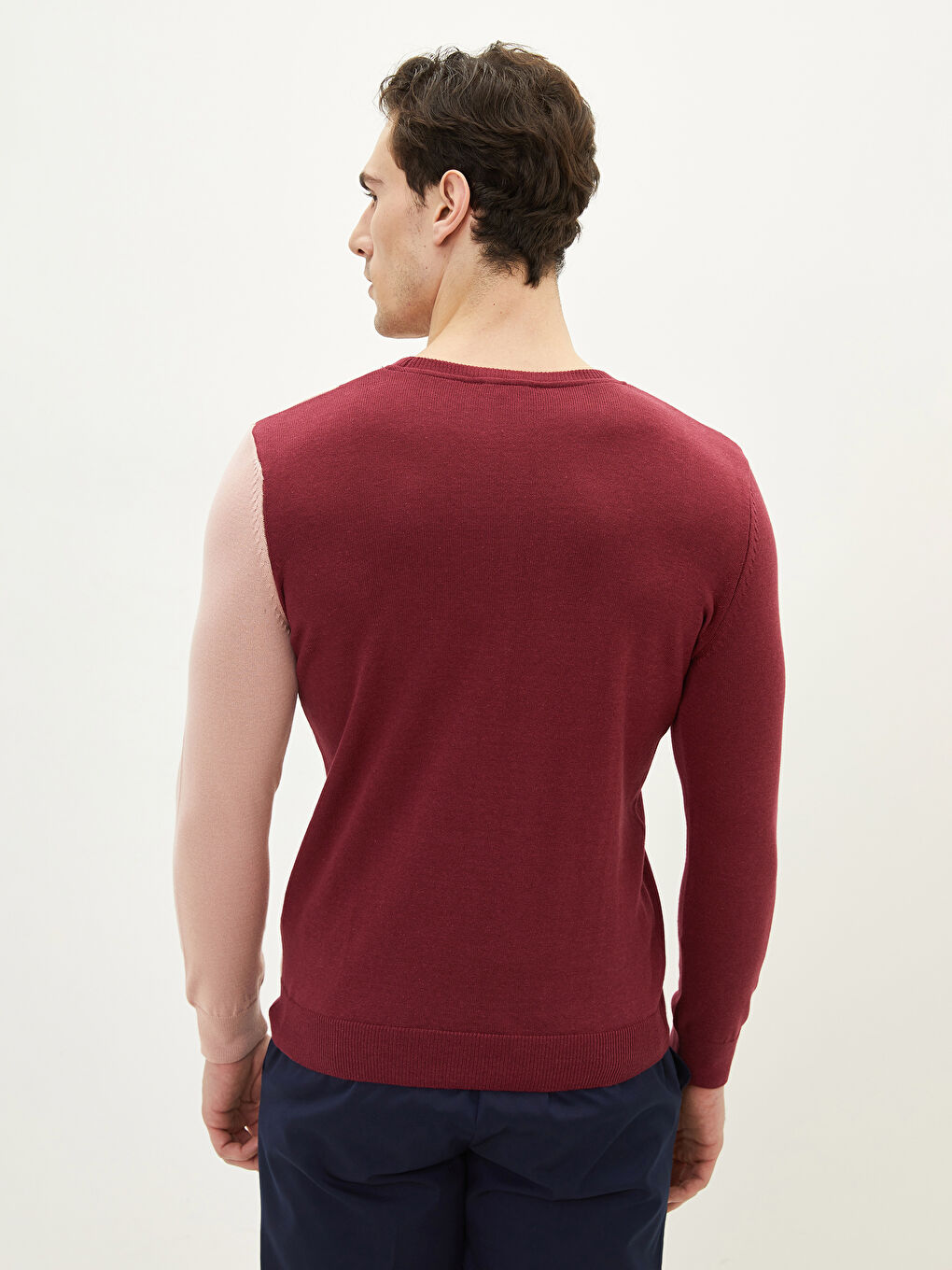 Пуловер с кръгло деколте, дълъг ръкав, цветен блок, за мъже, трикотаж-4