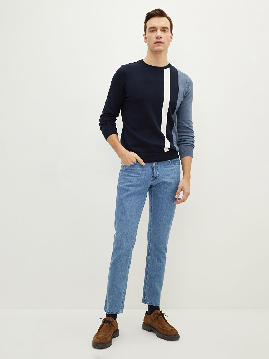 Crew Neck Long Sleeve Color Block Men's Knitwear Sweater-2
