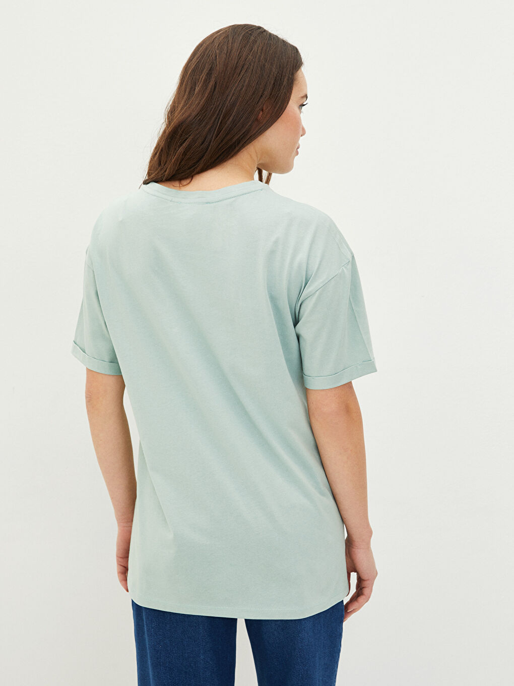 Yeşil Bisiklet Yaka Mickey Mouse Baskılı Kısa Kollu Pamuklu Hamile Tişört-3