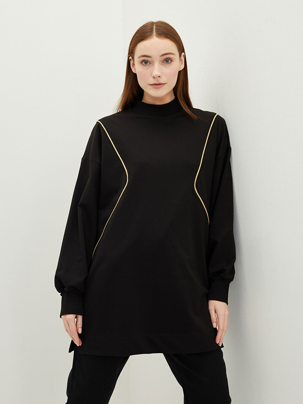 Standing Collar Embroidered Long Sleeve Oversize Women's Sweatshirt Tunic-1