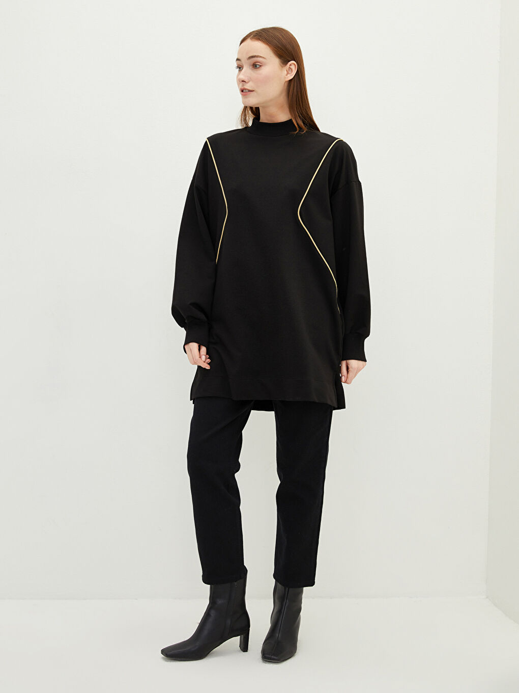 Standing Collar Embroidered Long Sleeve Oversize Women's Sweatshirt Tunic-3