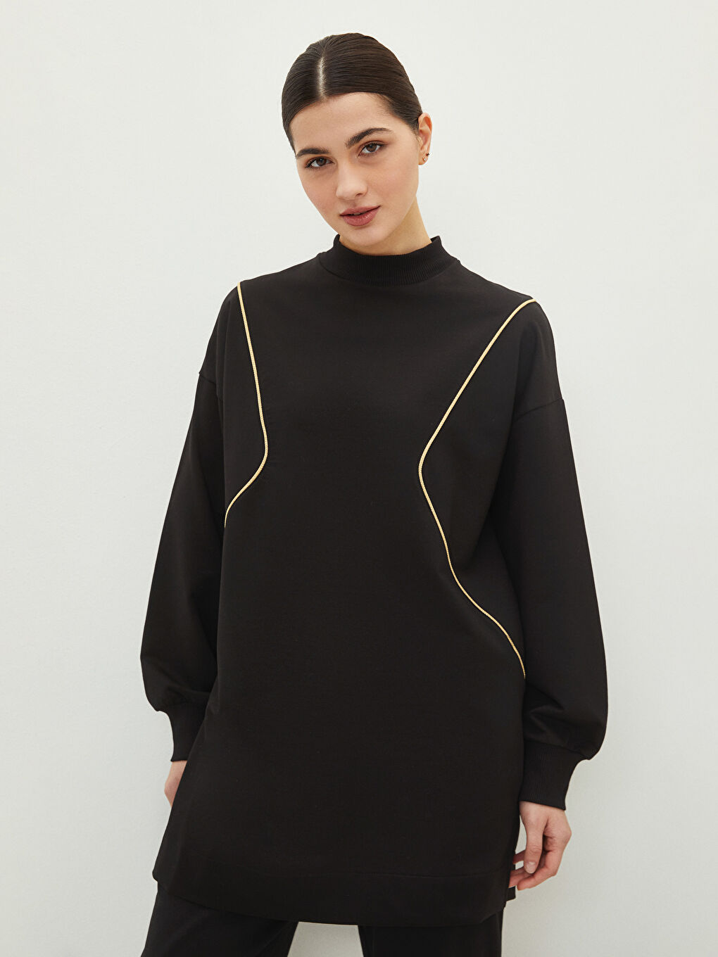 Standing Collar Embroidered Long Sleeve Oversize Women's Sweatshirt Tunic