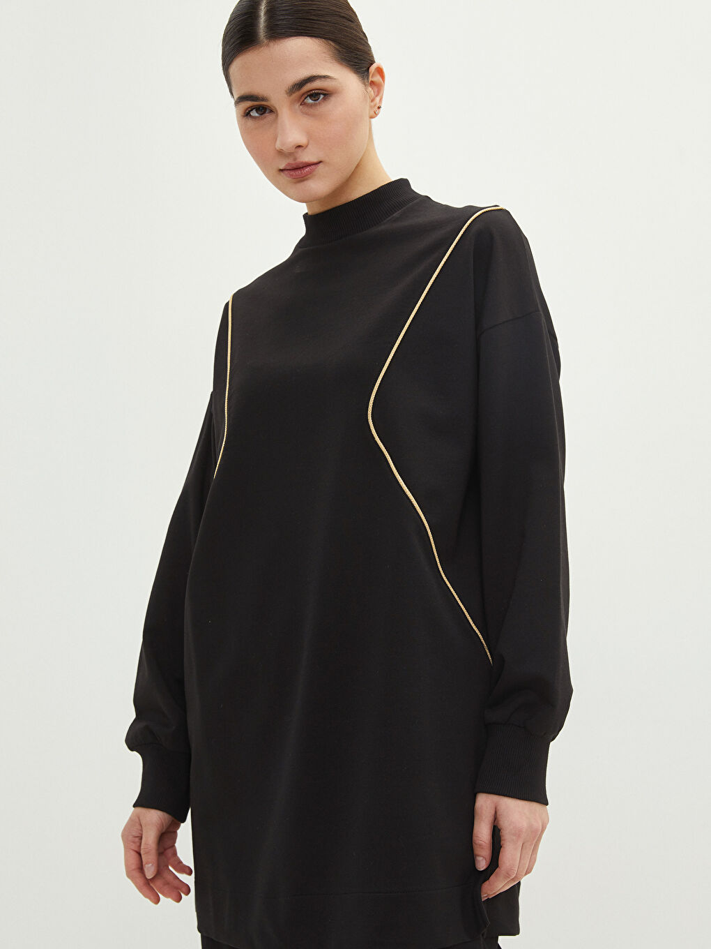 Standing Collar Embroidered Long Sleeve Oversize Women's Sweatshirt Tunic-2