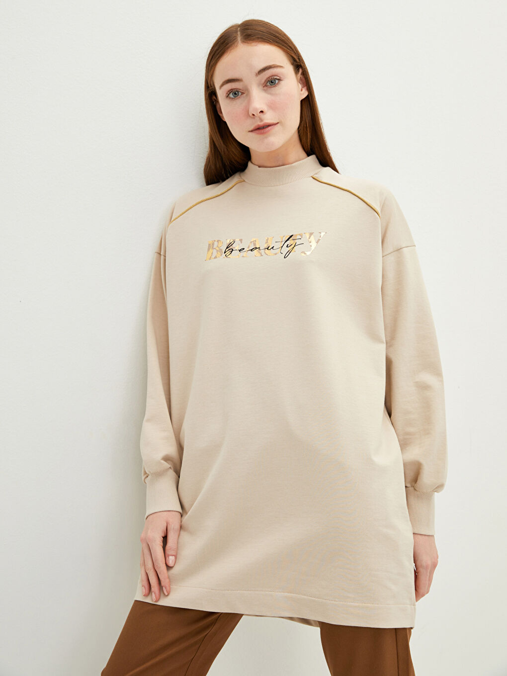 Stand Collar Slogan Printed Long Sleeve Women's Sweatshirt Tunic-1