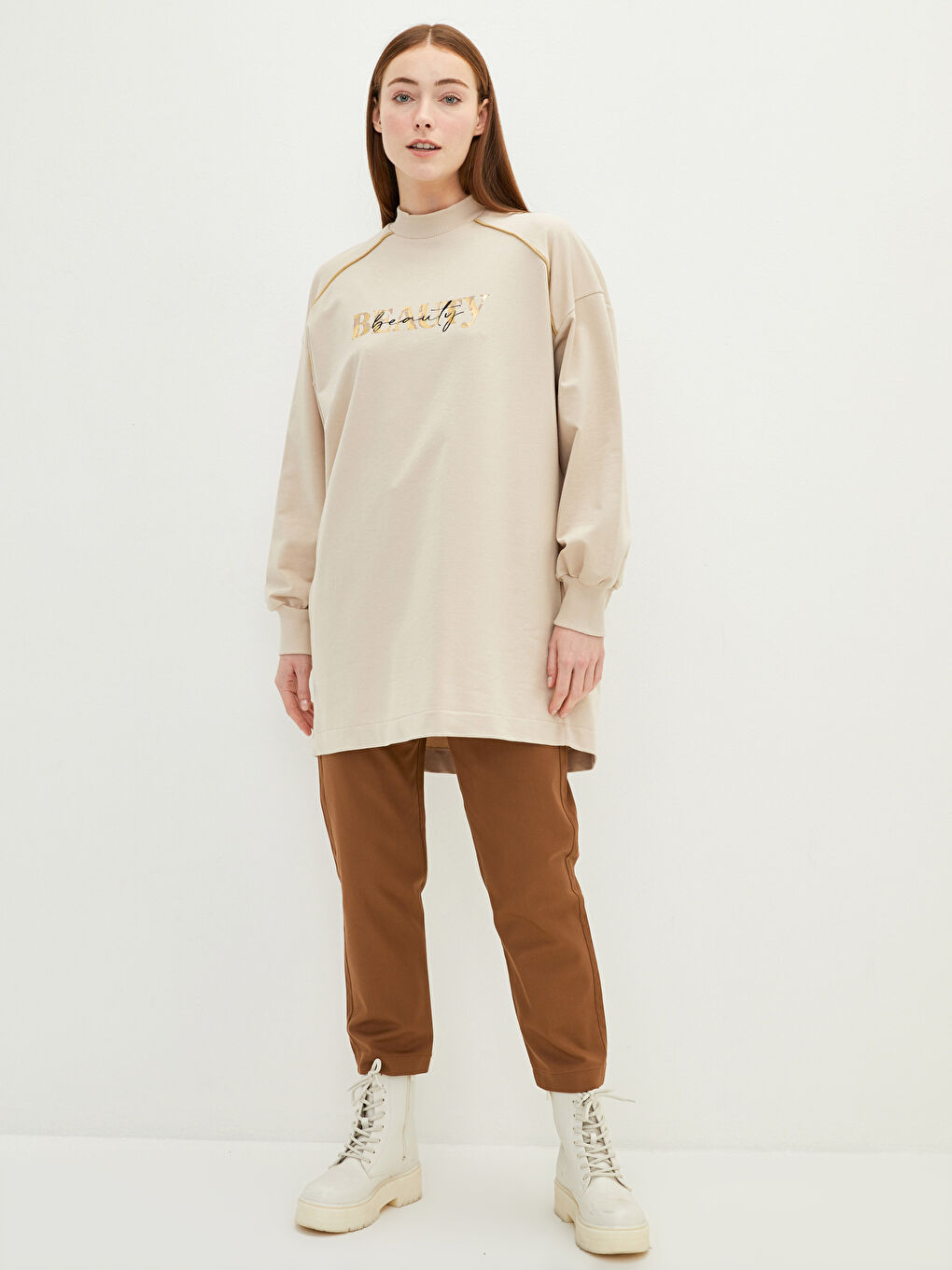 Stand Collar Slogan Printed Long Sleeve Women's Sweatshirt Tunic-3