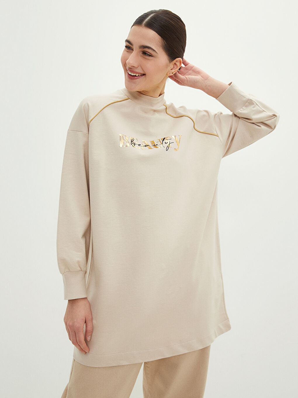 Stand Collar Slogan Printed Long Sleeve Women's Sweatshirt Tunic