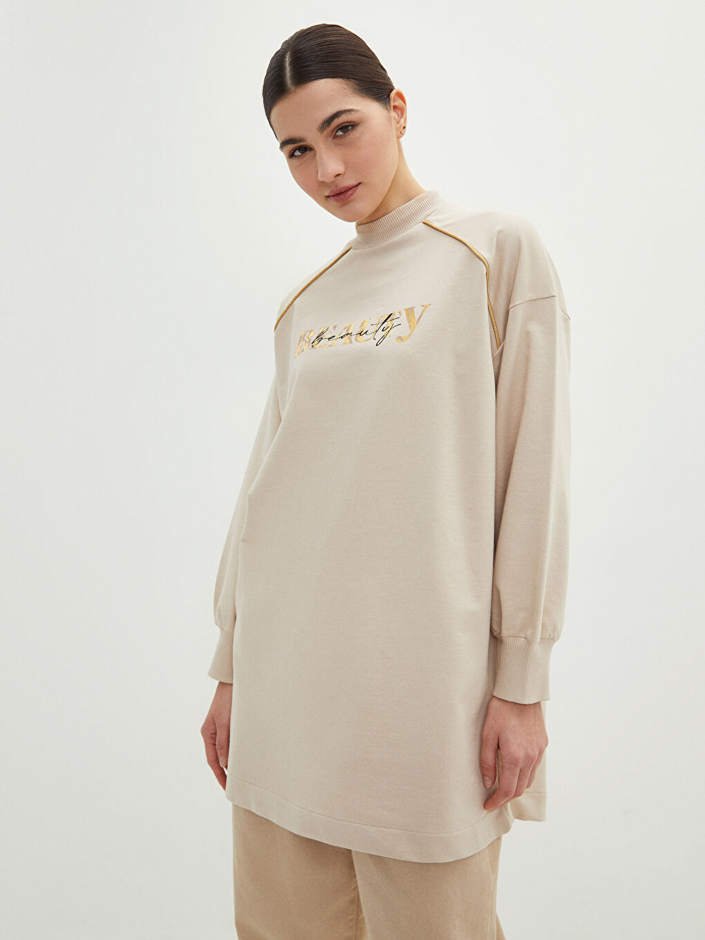 Stand Collar Slogan Printed Long Sleeve Women's Sweatshirt Tunic-2