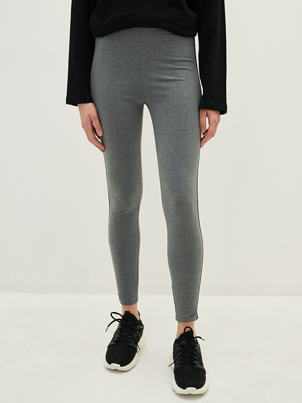 Antrasit Beli Lastikli Düz Şerit Detaylı Kadın Tayt-2