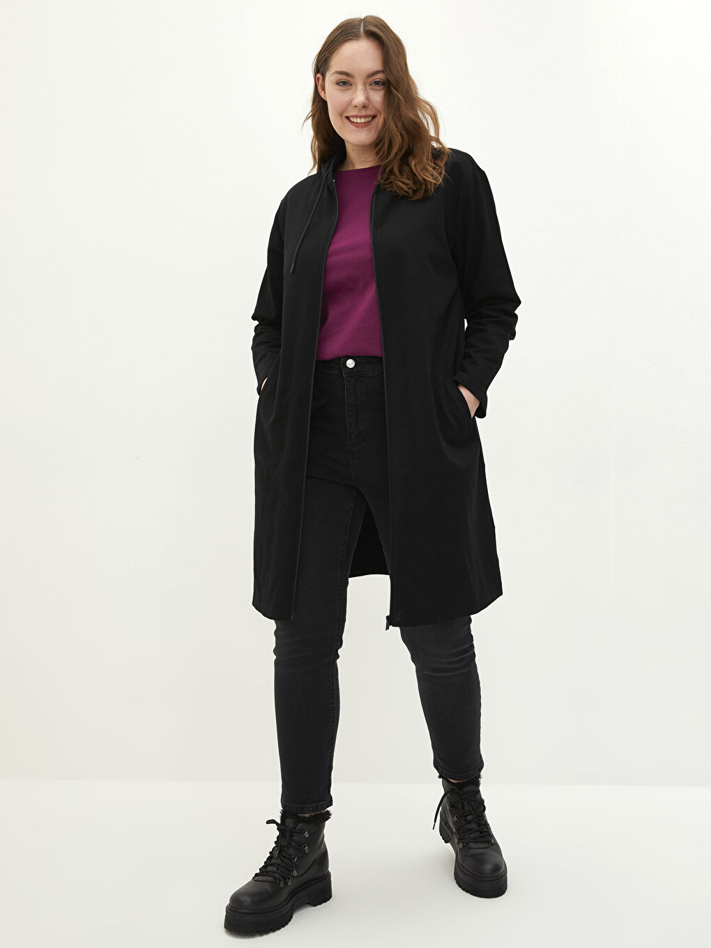 Siyah Kapüşonlu Düz Uzun Kollu Pamuklu Kadın Spor Hırka-2