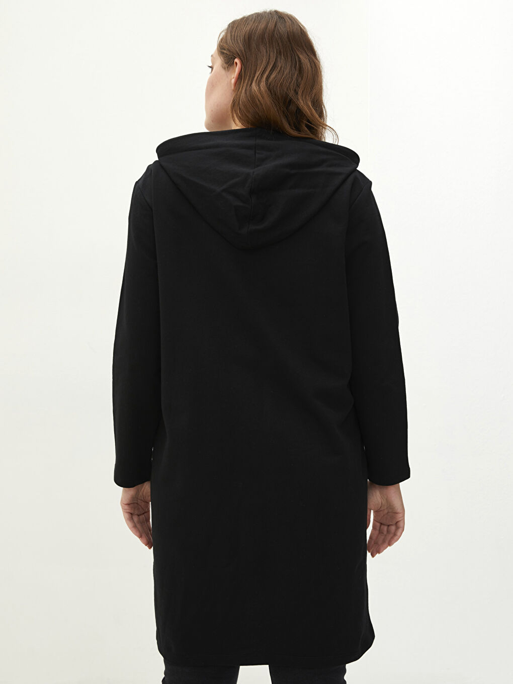 Siyah Kapüşonlu Düz Uzun Kollu Pamuklu Kadın Spor Hırka-4