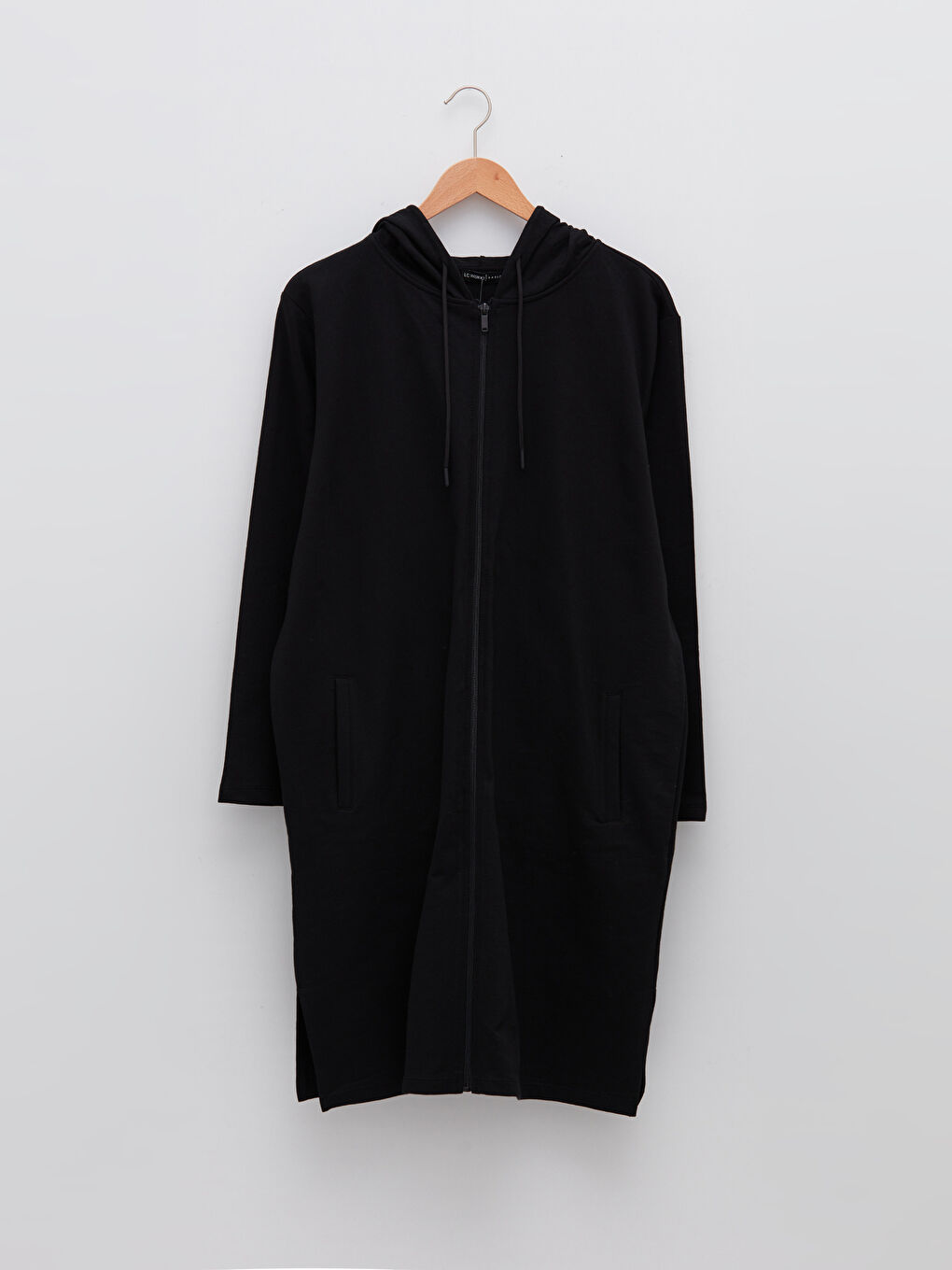 Siyah Kapüşonlu Düz Uzun Kollu Pamuklu Kadın Spor Hırka-5